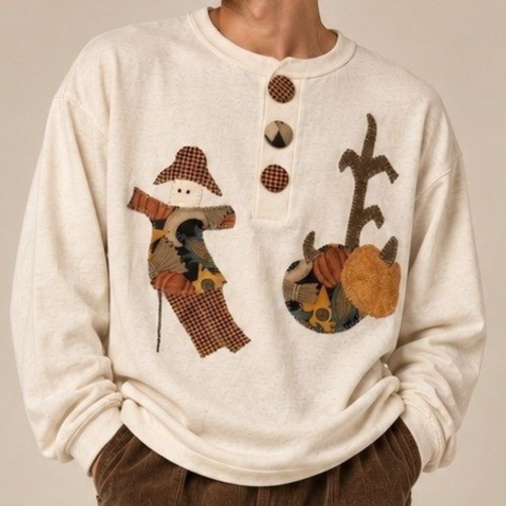 Vintage Cotton Cream Henley Scarecrow Harvest Applique Top M Vintage 90s Teacher